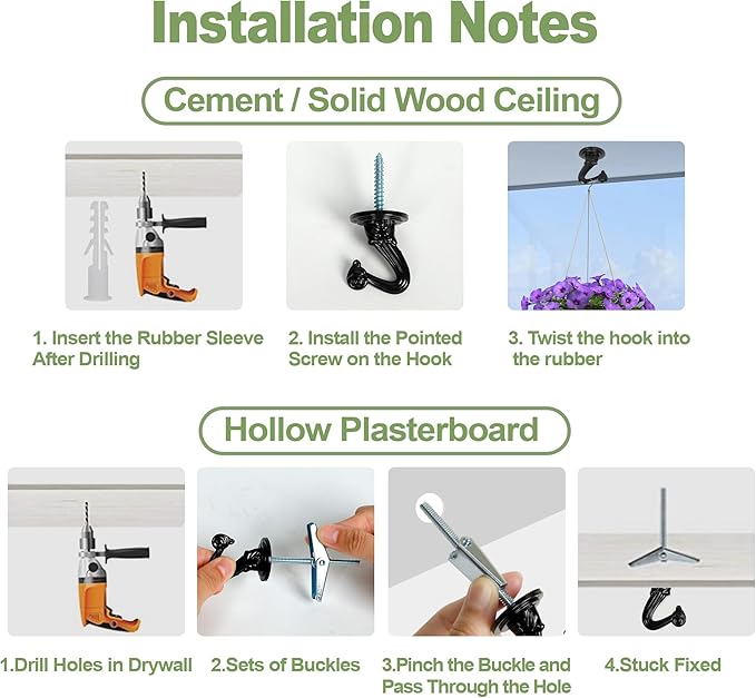 Aidoclip Ceiling Swag Hook Sets - Heavy Duty Hooks with Mounting Hardware for Hanging Plant, Ceiling or Extender Chains - Easy Install with Screws/Brackets (10 pcs - Black)