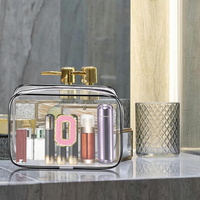 Clear Toiletry Bag,Portable Travel Toiletry Bag,Chenille Letter Cosmetic Bag with Zipper,Waterproof Makeup Bag,Cosmetic Storage Organizer for Women Men,Travel Essentials (Black,M)