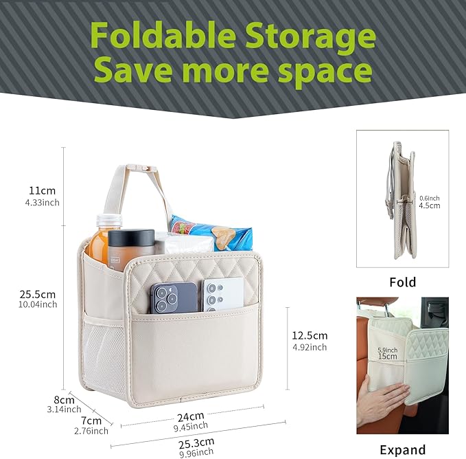 Car Seat Back Hanging Bag Car Document Holder Multi-Pocket Bottle Bag Storage Box Organizer Travel Tidy Pouch Pocket Kids Beige