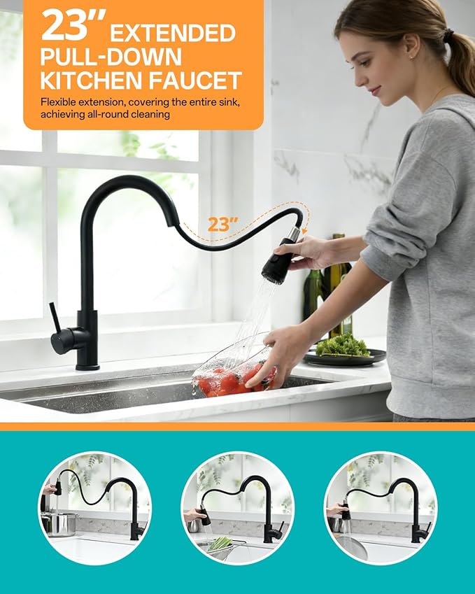 Kicimpro Matte Black Kitchen Faucet with Pull Down Sprayer, 304 Stainless Steel, 23-Inch Extended Hose Design, Three Water Functional Ways, Easy Installation