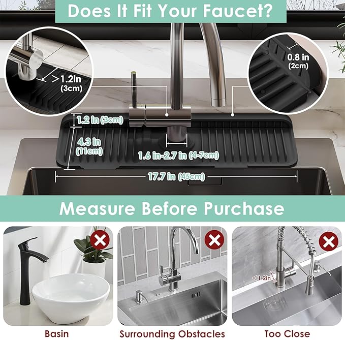 17.7 Inch Silicone Faucet Mat for Kitchen Sink Splash Guard - 7° Slope Water Draining Mat with Fasten Button for Bathroom Area (Black, 17.7''x5.5'')