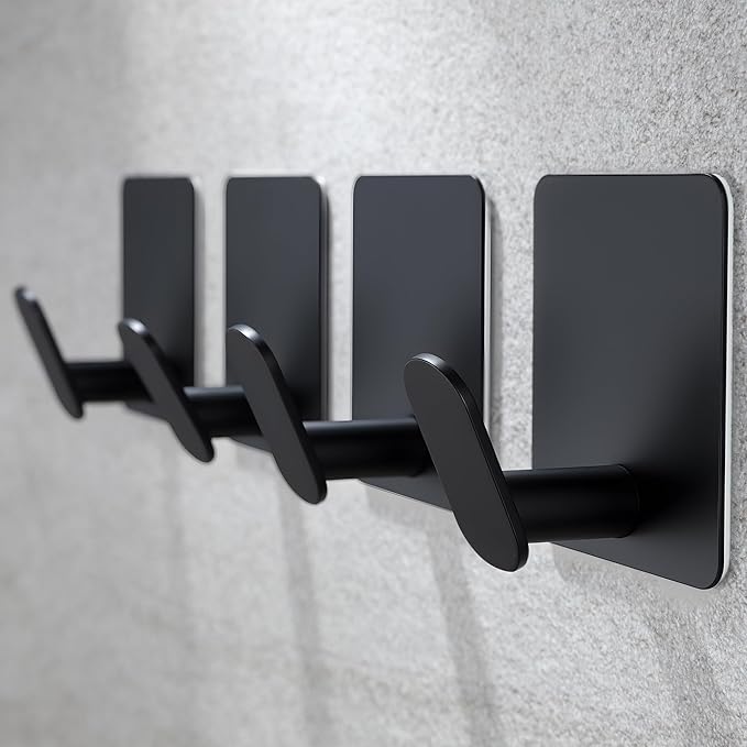 YIGII Adhesive Hooks, 4 Pack Black Towel Hooks for Bathroom and Kitchen, Waterproof Stainless Steel Wall Hook for Hanging Coat, Hat, Loofah