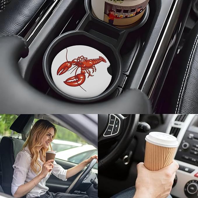 Car Cup Holder Coasters, 2 Pcs Ceramic Coasters with Cork Back and Finger Slot, Anti-Slip Shock Absorbing Women and Men Universal Car Accessories - Tiny Lobster