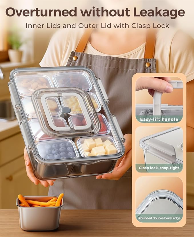 Snackle Box Container with 8 Removable Stainless Steel Compartments Divided Snack Tray with Portable Handle for Beach, Road Trip, Picnic, Boat Days, Ball Games, Pool and Parties