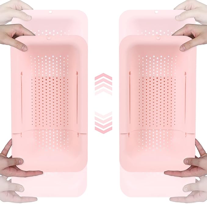 BLUE GINKGO Sink Colander Baskets - (Pack of 2) Wash Vegetables and Fruits, Drain Cooked Pasta and Dry Dishes - Extendable - New Home Kitchen Essentials (2 Pink)