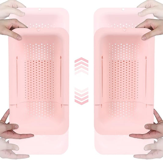 BLUE GINKGO Sink Colander Baskets - (Pack of 2) Wash Vegetables and Fruits, Drain Cooked Pasta and Dry Dishes - Extendable - New Home Kitchen Essentials (2 Pink)