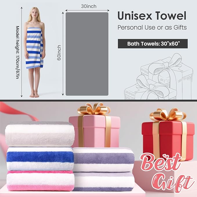 JML Bath Towels, Pack of 4, 30"x60", Large Microfiber Towel Set, Ultra Soft, Super Absorbent, Fast Drying, Perfect for Suana, Shower, Pool, Sport, Travel, Fitness, SPA,Yoga, Cabana Stripe Blue