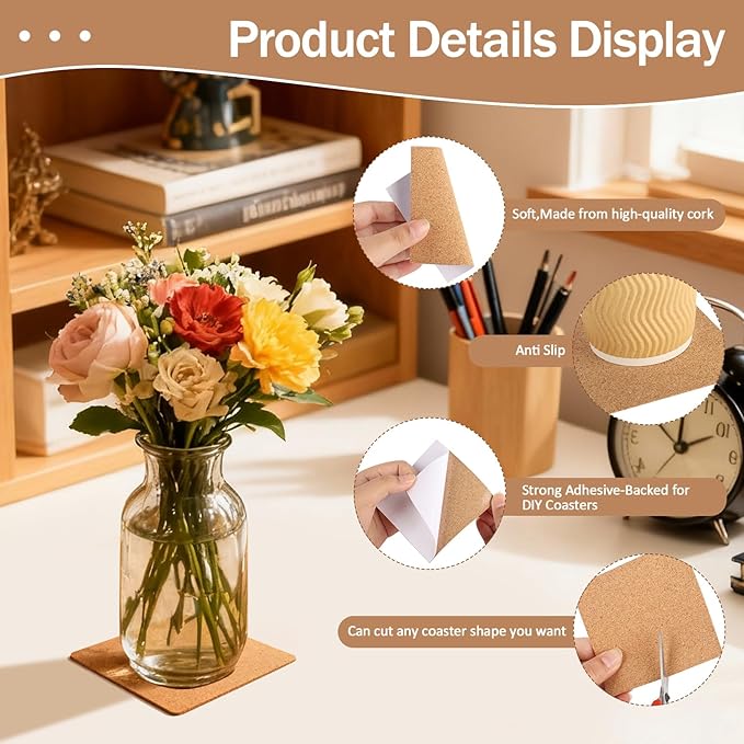 100 PCS Self-Adhesive Cork Sheets 4 x 4 Inch Squares Cork Coasters Square Corks Board Backing for DIY Crafts, Drinks and Home Tabletop Decoration