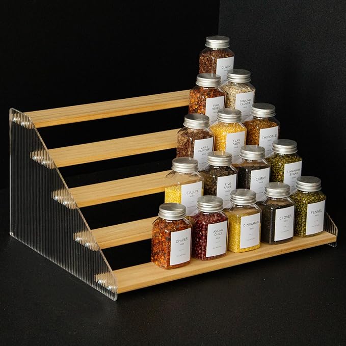 nianfeng 5-Tier Tiered Spice Rack, Spice Pantry Kitchen Cabinet Organizer, 16-Inch, Natural Wood Acrylic Stair Riser Stand, Countertop Seasoning Shelf