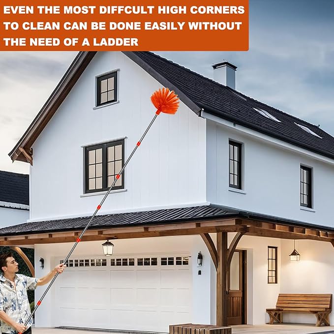 20 Feet High Reach Duster Kit with 2-14 ft Extension Pole, Cobweb & Corner Brush Cleaning Duster Kit for Cleaning, Microfiber Feather Duster Cleaner with Washable Head for Ceiling Fan, Furniture, Home