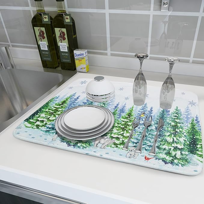 Winter Bear Bird Dish Drying Mat - Welcome Christmas Snowflake Drying Pad for Counter Forest Wildlife Dish Drainer Mat Cabin Animal Kitchen Accessories 18 x 24 Inch