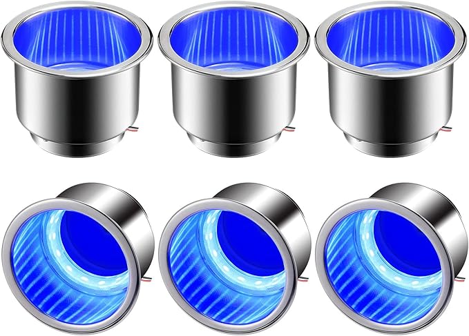 Yexiya 6 Pcs LED Cup Holder Marine Drink Holder Stainless Steel Cup Holders Insert with Drain for Boat Yacht Car Camper Truck RV(Blue)