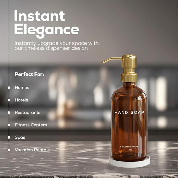 Luxury Glass Hand Soap Dispenser Bathroom Set by Brighter Barns - Refillable Liquid Hand Soap Dispenser Set for Kitchen - Gold Bathroom Decor and Accessories for Airbnb, Spa, Hotel, Gifts (Amber/Gold)