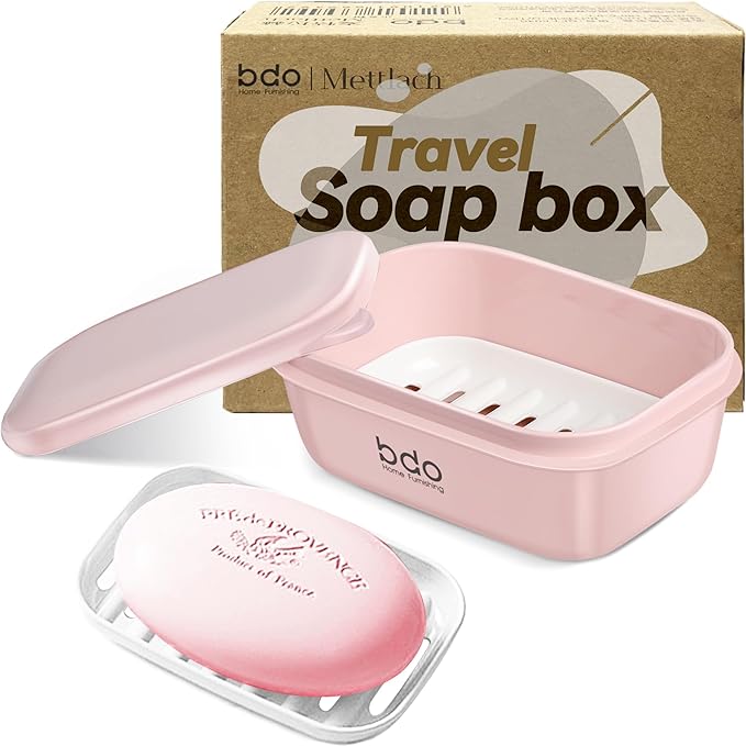 Travel Essentials Soap Holder with Lid,Leakproof Soap Dish with Drainage Layer, Portable Travel Soap Bar Case for Camping, Gym, Bathroom,Kitchen,Dormitory,Hotel(Pink)