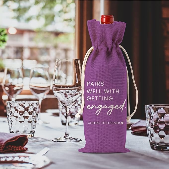 Engaged Gifts, Engagement Gifts for Couples Her, Engagement Party Decorations Gifts for Engaged Couple Wine Bag, Pairs Well with Getting Engaged Wine Bottle Bag（Purple）