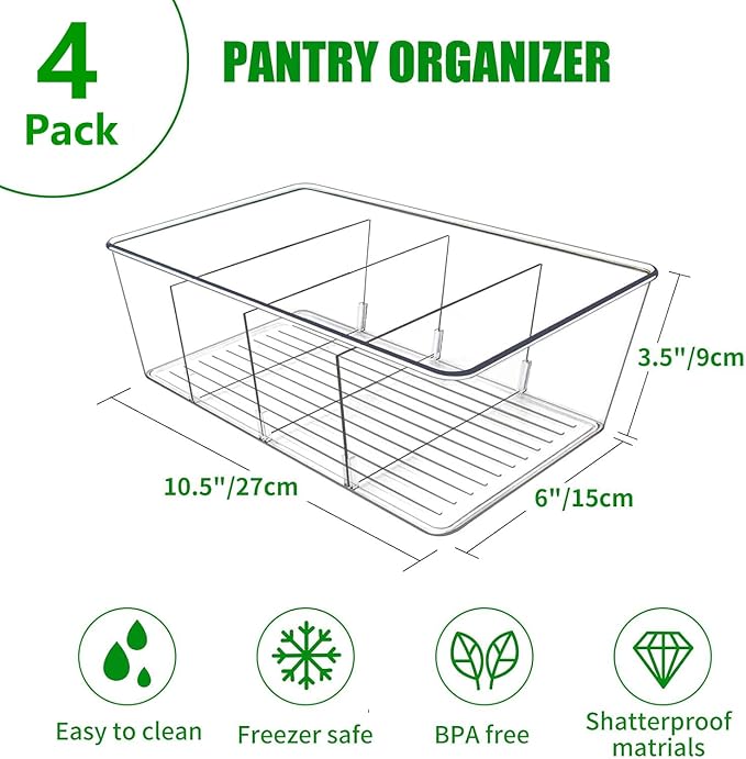 4 Pack Pantry Organizers,Clear Plastic Organizer Bins for Kitchen,Fridge,Drawer Organization and Storage, 4 compartment Snack Containers for Spice Packets,Tea bag