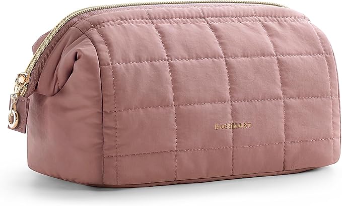 BAGSMART Makeup Bag Travel Toiletry Bag, Puffy Padded Makeup Bags for Women Makeup Organizer Case, Wide-open Pouch Purse Travel Essentials Toiletries Accessories Brushes, Dark Pink