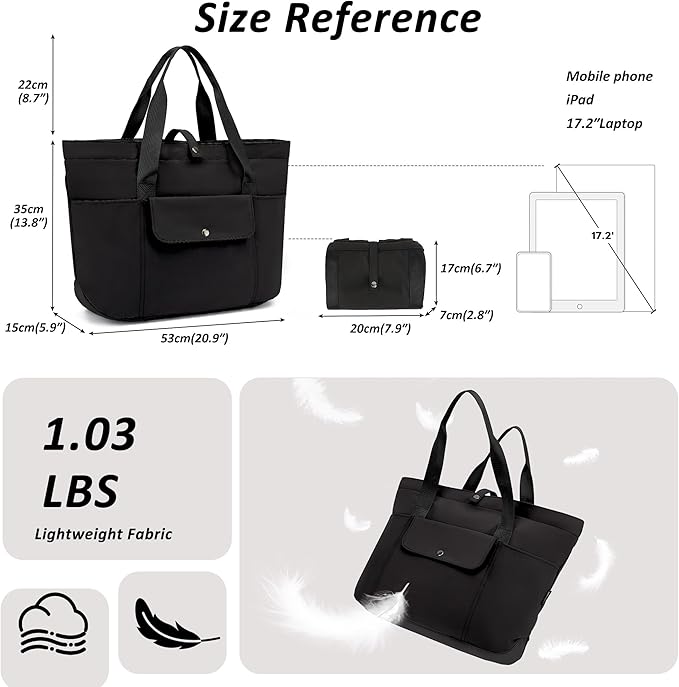 TANTOMI Tote Bag for Women Foldable, Waterproof Work Bag with Zipper, Large Shoulder Handbag for Travel - 20.9''L x 6''W x 14''H