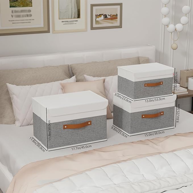Yawinhe Storage Bins with Lids, Fabric Foldable Boxes, Washable and Leather Handle, Cube Organizer Basket for Home, Closet, White/Grey, 17.7''Lx11.8''Wx11.8''H, 3-Pack, USNK024WGX-3
