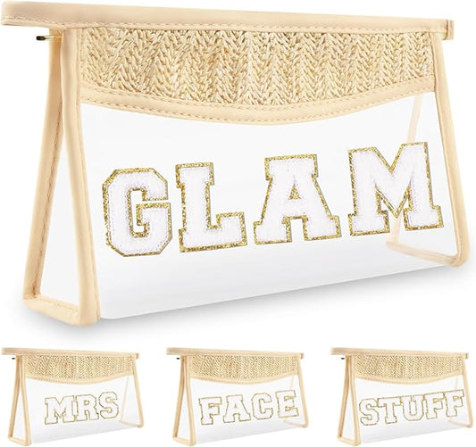 Boho Clear Makeup Letter Patch Makeup Bag GLAM Pouch, Clear Toiletry Bags Travel Small Cute Chenille Letter Cosmetic Zipper Pouch Purse, Transparent PVC Waterproof Make Up Storage for Women Girl(GLAM)