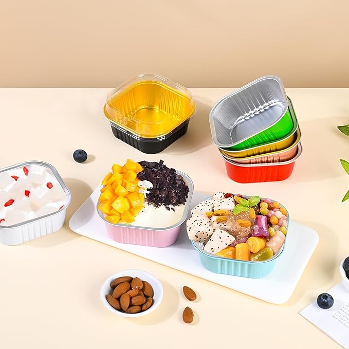 40 Pack Mini Cake Pans with Lids, 5oz Square Aluminum Foil Brownie Baking Cups, Muffin Tin Ramekins, Disposable Dessert Cupcake Cups for Wedding Birthday Party, Champagne