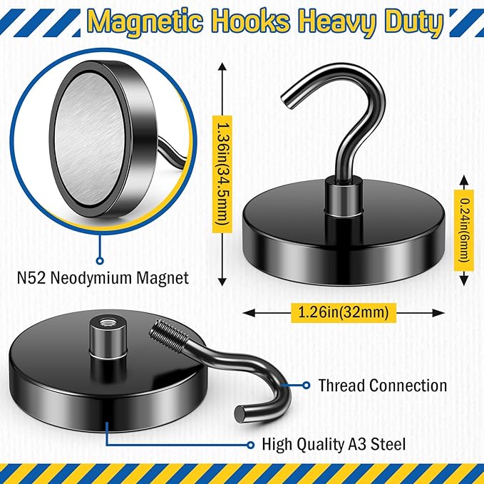FINDMAG Black Magnetic Hooks, 110lbs Heavy Duty Magnetic Hooks for Hanging, Extra Strong Magnet Hooks, N52 Magnet Hooks for Cruise Cabins, Travel, 6 Pack