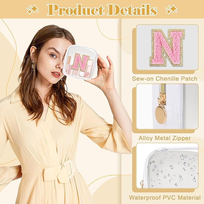 Personalized Initial Letter Clear Preppy Makeup Bag,Mini Nylon Chenille Letter Cosmetic Bag Cute Zipper Pouch Purse for Teen Girls,Portable TSA Approved Beach Travel Essentials Bag Gift for Women,N