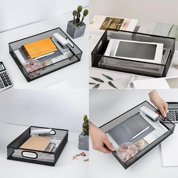 2 Pcs Heavy-Duty Metal Mesh Desk Organizer Tray, A4 Large Office Storage Box Set, 12.6X 9.1 x 2.8Inches, Large Capacity for Home and Office Supplies, and Christmas Ornament Storage Box
