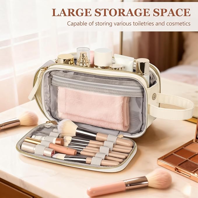Travel Toiletry Bag for Women, Toiletry Bags for Traveling Women's Leather, Compartments Make Up Bags for Women, Cosmetic Pouch Organizer, White- R