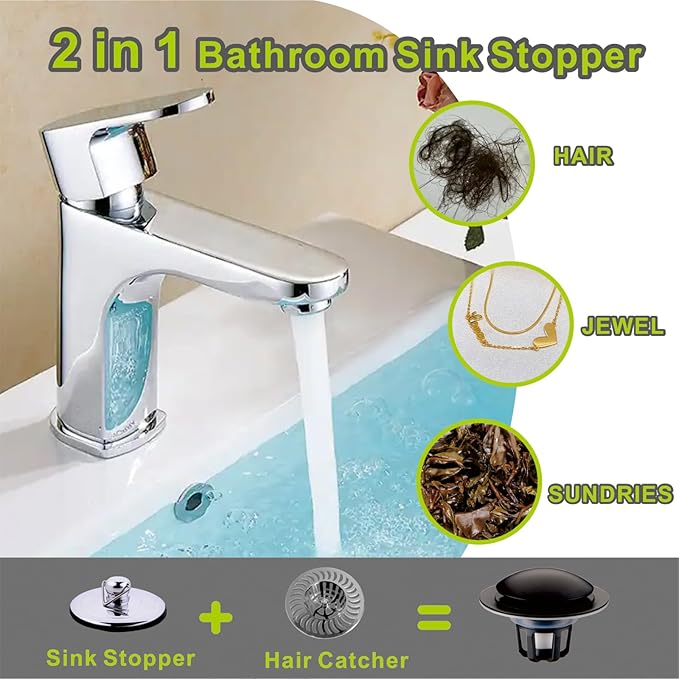 Pop Up Bathroom Sink Stopper,2 Pack Matte Black Sink Drain Stopper with Hair Catcher and Strainer,Glimflorus Universal 2-in-1 Drain Stopper for 1 1/8"-1 1/2" Drain Holes