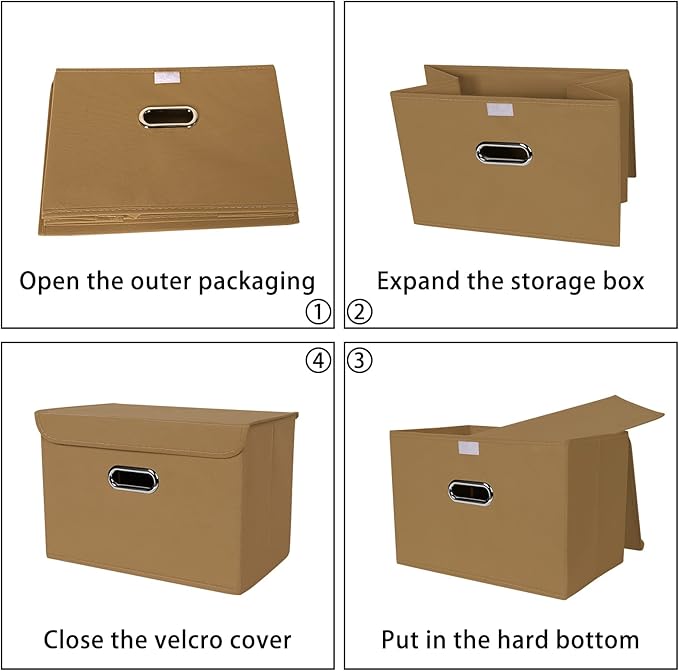 Linen Fabric Foldable Collapsible Storage Cube Bin Organizer Basket Fabric Storage Bins with Lid, Leather Handles, Removable Divider for Home, Closet, Khaki 3Pcs