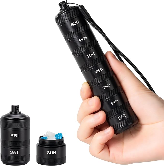 Portable Travel Pill Organizer - Metal Waterproof Pill Box, Small Compact Weekly Aluminum Alloy Container, 7 Day Daily Medicine Organizer Holder for Small Pills, Black S