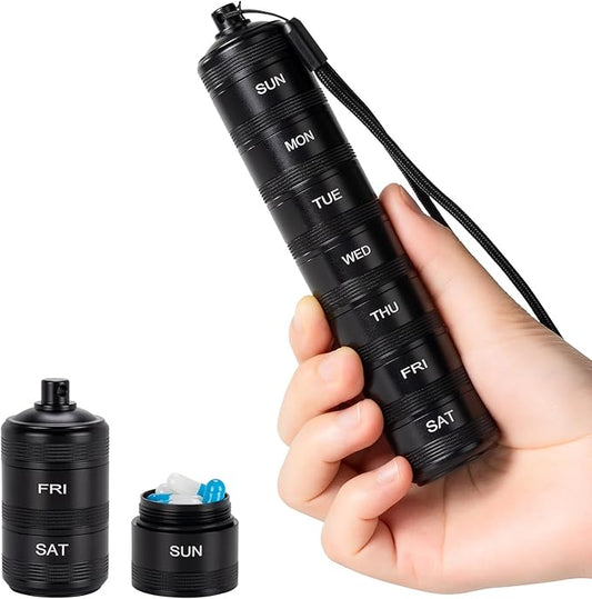 Portable Travel Pill Organizer - Metal Waterproof Pill Box, Small Compact Weekly Aluminum Alloy Container, 7 Day Daily Medicine Organizer Holder for Small Pills, Black S