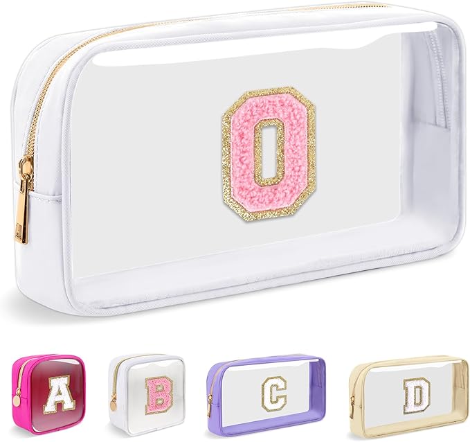 Small Clear Personalized Initial Makeup Bag, Preppy Nylon A-Z Chenille Letter Patch Makeup Organizer TSA Approved Travel Toiletry Bag,Waterproof Zip Beach Cosmetic Pouch Purse for Women(White-Pink O)