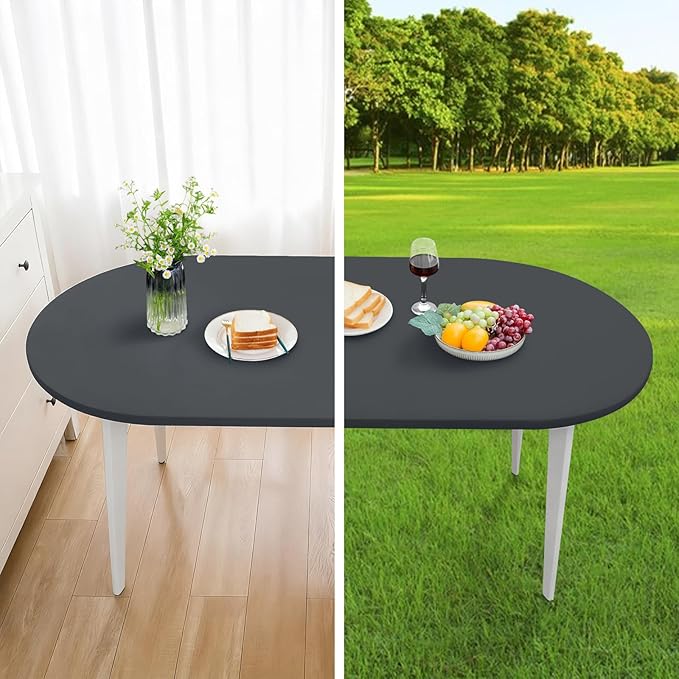 NEWISHER Fitted Oval Tablecloth 48 x 68 Inch Elastic Table Cloth, Stretch Spandex Table Cover Grey Washable Polyester Top Cap Cover for Dining Picnic Camping Indoor and Outdoor