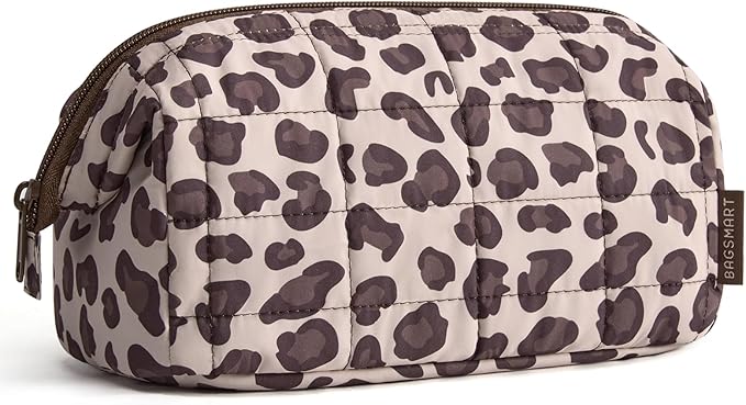 BAGSMART Makeup Bag Travel Toiletry Bag, Puffy Padded Makeup Bags for Women Makeup Organizer Case, Wide-open Pouch Purse Travel Essentials Toiletries Accessories Brushes, Leopard