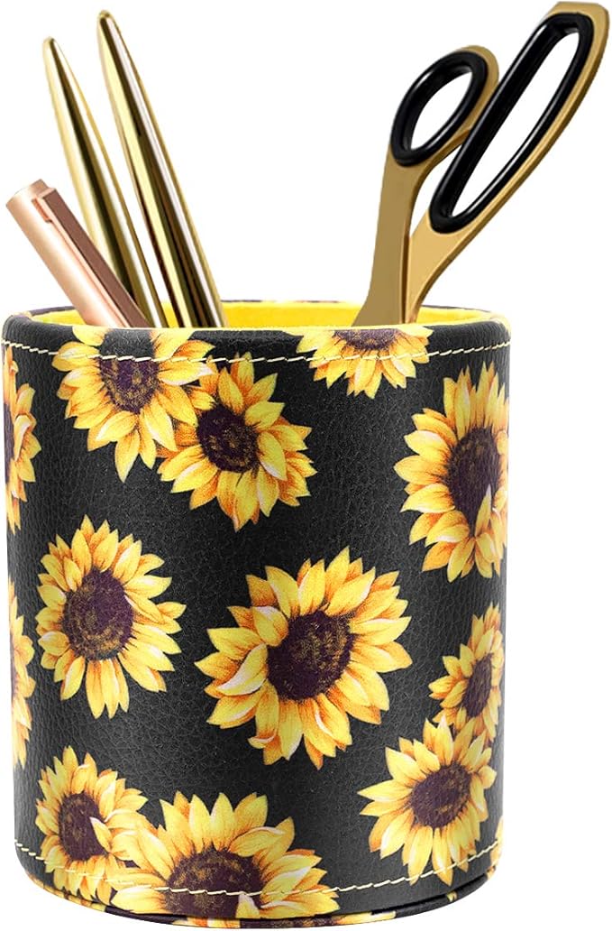 WAVEYU Pen Holder, Pencil Cup Desk for Women Girls, Luxury Makeup Brush Holder Large Pu Leather Multi-Functional Organizer Cup for Office, Classroom, Home, Sunflower