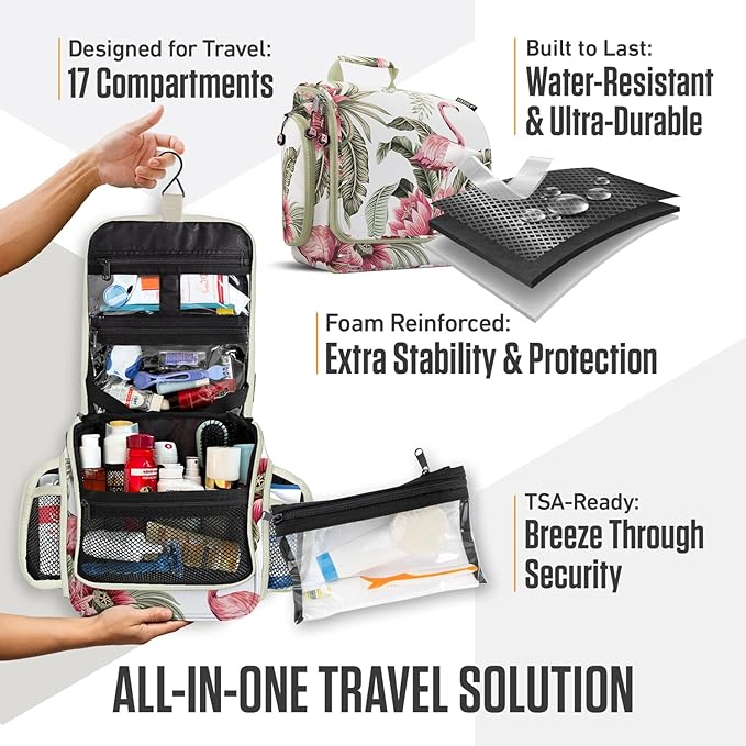 VENTURE 4TH Hanging Travel Toiletry Bag for Women & Men – Large Toiletry Organizer with 17 Compartments, Removable TSA Pouch, Travel Wash Bag for Toiletries, Makeup & Shaving Kit (Pink Flamingo)