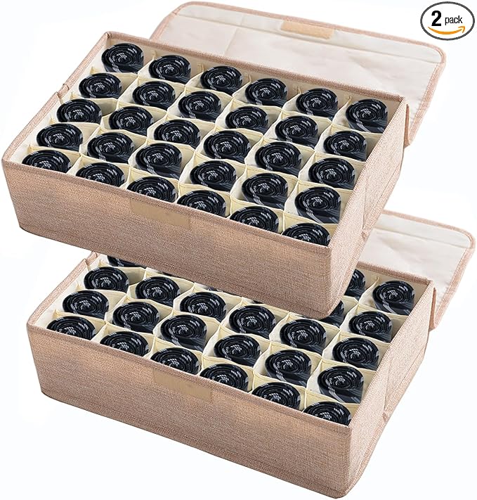 AARAINBOW 2 Packs Underwear Socks Ties Storage Organizer with Lids Foldable Closet Drawer Organizer 60 Cells, Fabric Drawer Wardrobe Divider Storage Boxes for Scarves and Lingerie (30 Cell, 2 Beige)