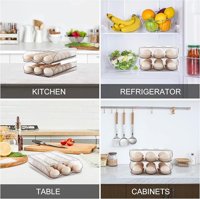 Egg Holder for Fridge, Automatically Rolling Egg Storage Container for Refrigerator, Egg Organizer for Fridge with Lid, Clear Plastic Dispenser, Tray & Box - 3 Layer