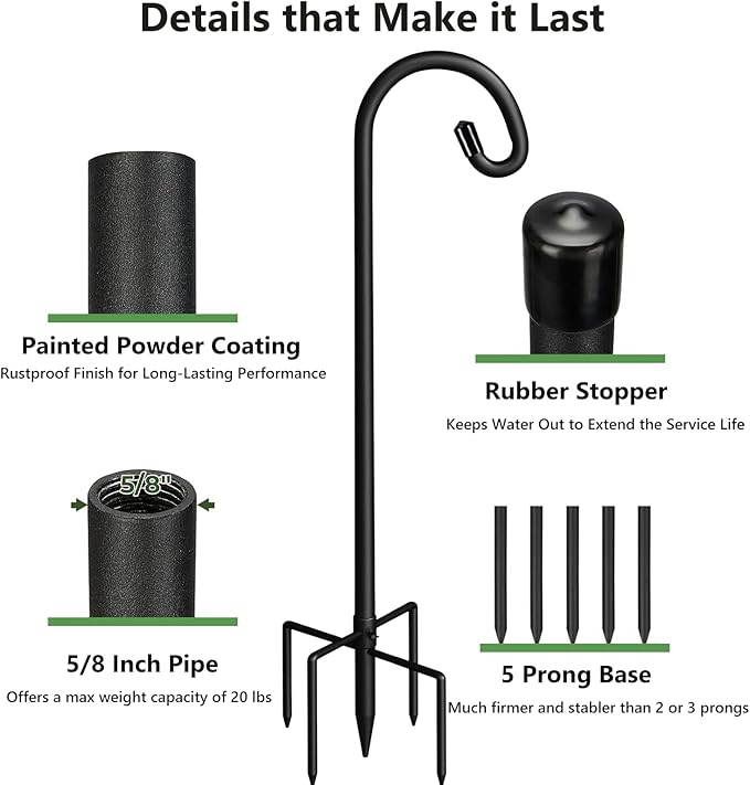 Pvifvi Shepherds Hooks for Outdoor Heavy Duty, 92 Inch Adjustable Bird Feeder Pole with 5 Prong Base, Hummingbird Feeder Stand and Plant Hanger for Garden, Lanterns & Wind Chimes