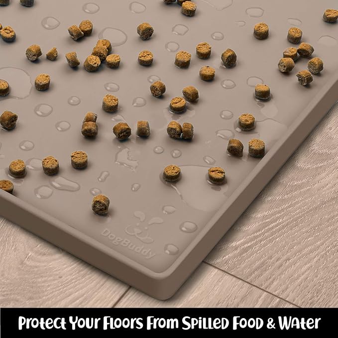 DogBuddy Dog Food Mat – Waterproof Dog Bowl Mat for Food and Water, Silicone Pet Feeding Mats for Floors, Non-Slip Placemat with High Edges for Dogs Bowls, Puppy Essentials (XL: 28" x 18", Taupe)