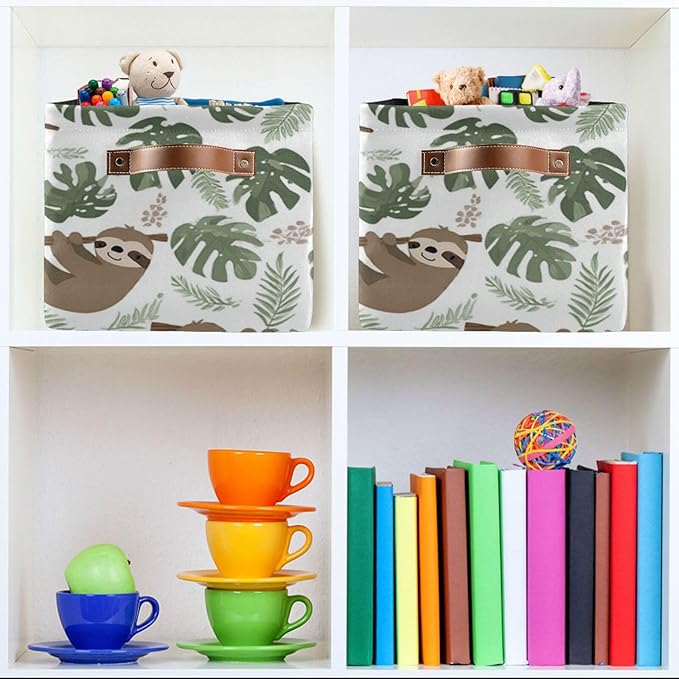 Aslsiy Storage Basket Sloth Tropical Leaves Nursery Bins Baby Box Canvas Clothes Shelf Basket Laundry Hamper Gift Baskets for Home Closet 2 Pcs