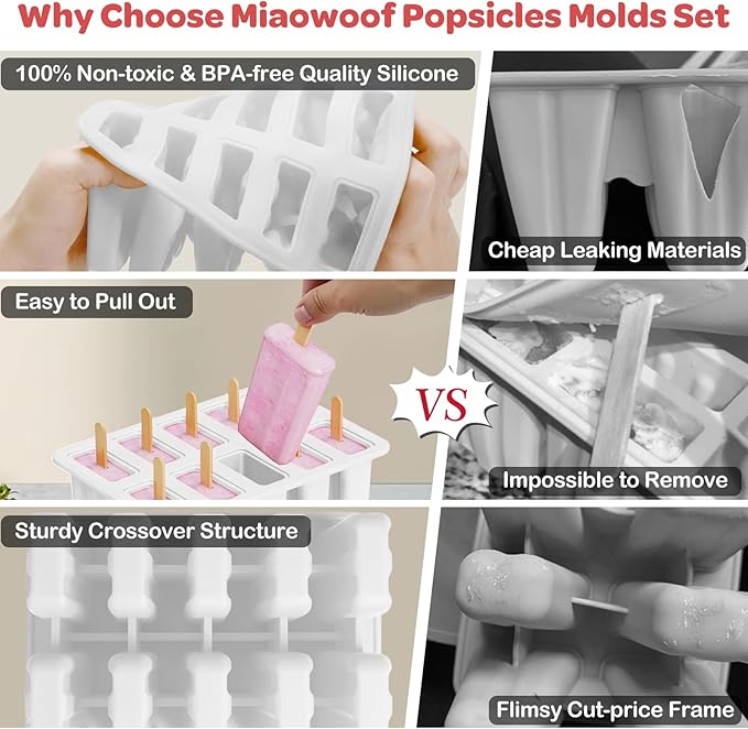 Miaowoof Homemade Popsicle Molds, 10-Cavity Non-BPA Silicone Ice Pop Maker, with 50 Sticks, 50 Bags, 10 Reusable Sticks, Funnel, Brush and Ice Pop Recipe (White)