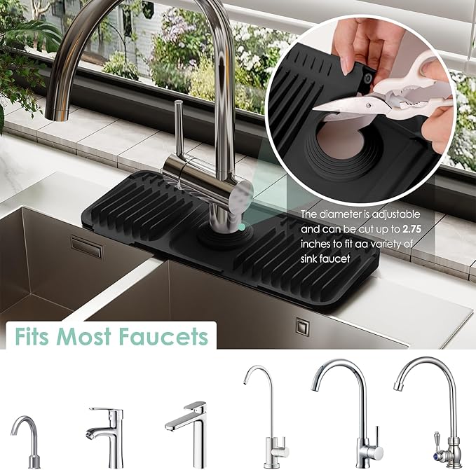 14.6 Inch Silicone Faucet Mat for Kitchen Sink Splash Guard - 7° Slope Water Draining Mat With Fasten Button for Bathroom Area (Black, 14.6''x5.5'')