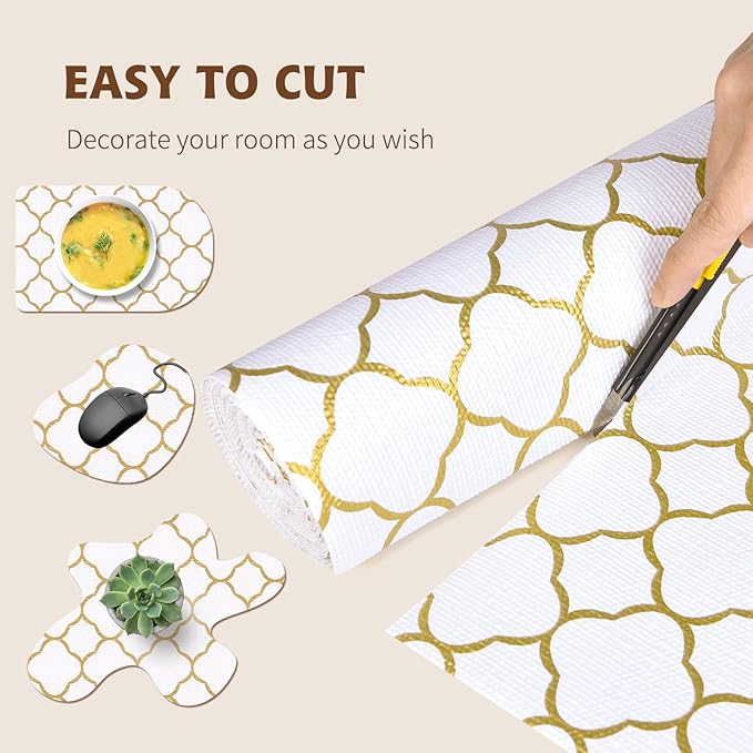 Shelf Liners for Kitchen Cabinets 23in x 20FT Non Adhesive Drawer Liner Gold Quatrefoil Thickened Shelf Liner Paper Strong Non-Slip Easy to Clean for Tool Box Refrigerator with Knife and Tape Measure