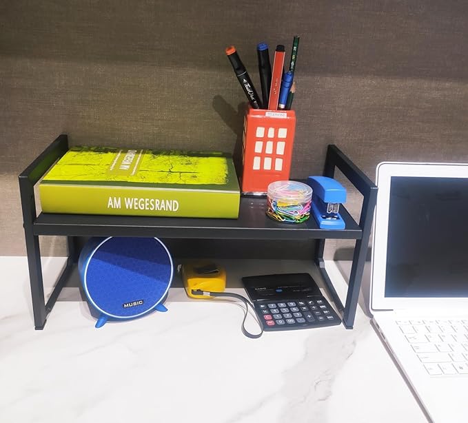 2 Pack Expandable Cabinet Shelf Organizer 16-26" L Stackable Kitchen Counter Shelves Rack Stand Sink Riser Countertop Storage Black (Normal 7.9”D)