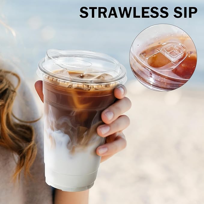 BYSNOW 100 Pack 20 oz Clear Plastic Cups with Lids, Disposable Iced Coffee Cups with Sip Lids, Sturdy Plastic Smoothie Cups for Cold Drinks