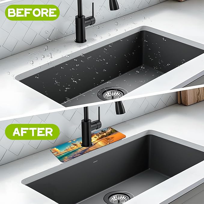 Kitchen Sink Splash Guard Faucet Mat Super Absorbent Fast Drying Mat Guard Behind Faucet Drip Catcher for Kitchen Bathroom (Sunset Beach Waves Palm Trees, 23.5"X5.5")