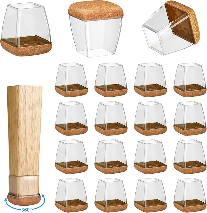 16 Pack Chair Leg Floor Protectors for Hardwood Floors, Round Rubber Furniture Sliders, 360°Felt Pad Bottom Wrapped Thickening Silicone Furniture Legs Caps Covers(Square,Clear-Brown-M)